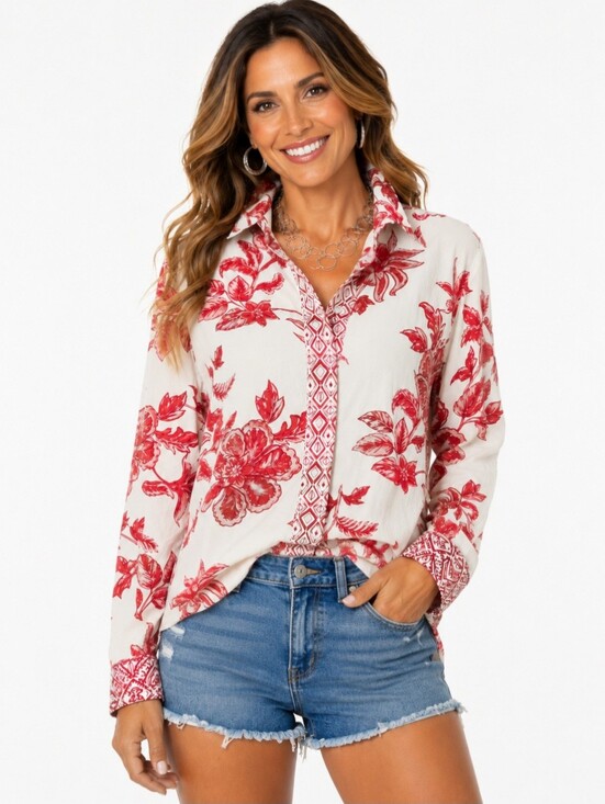 Zara Tops - NWOT Zara Floral Linen Blend Button Front Blouse Women's Small Red White Boho